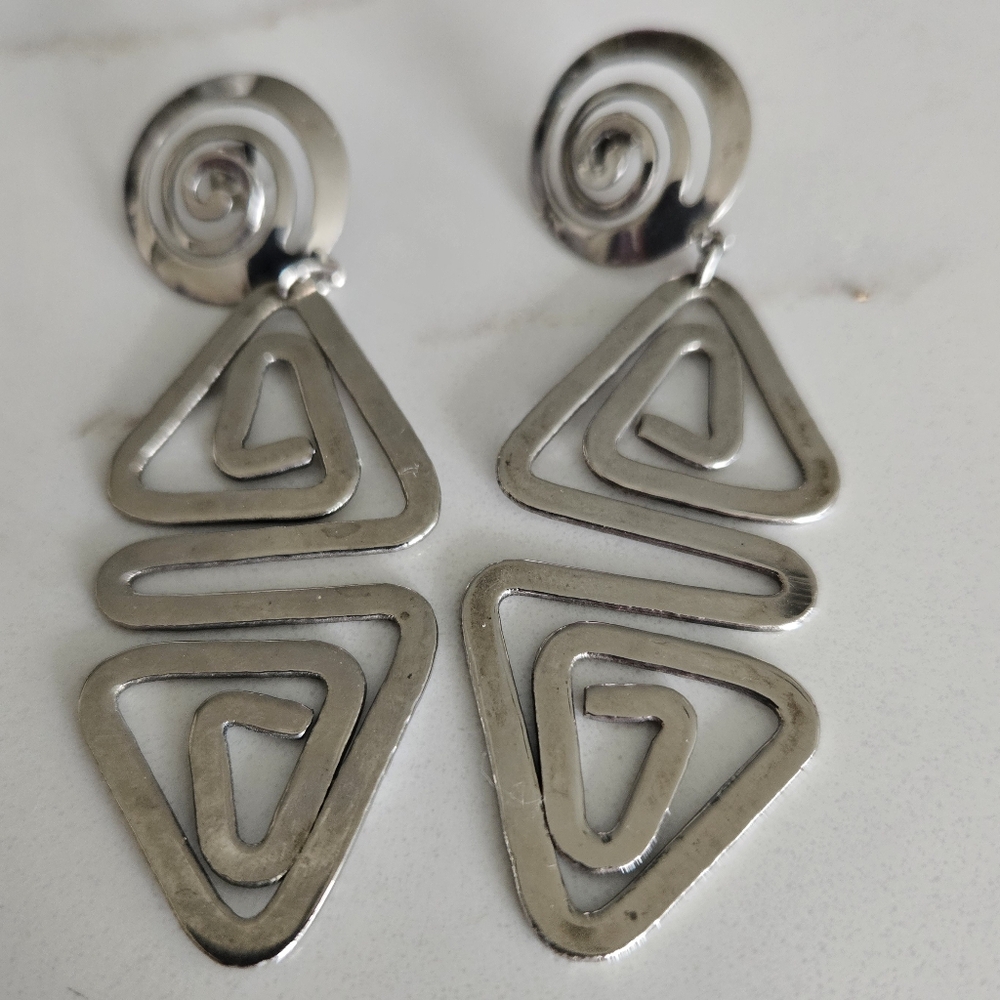 Vintage Statement Modernist Silver Geometric Dangle Earrings